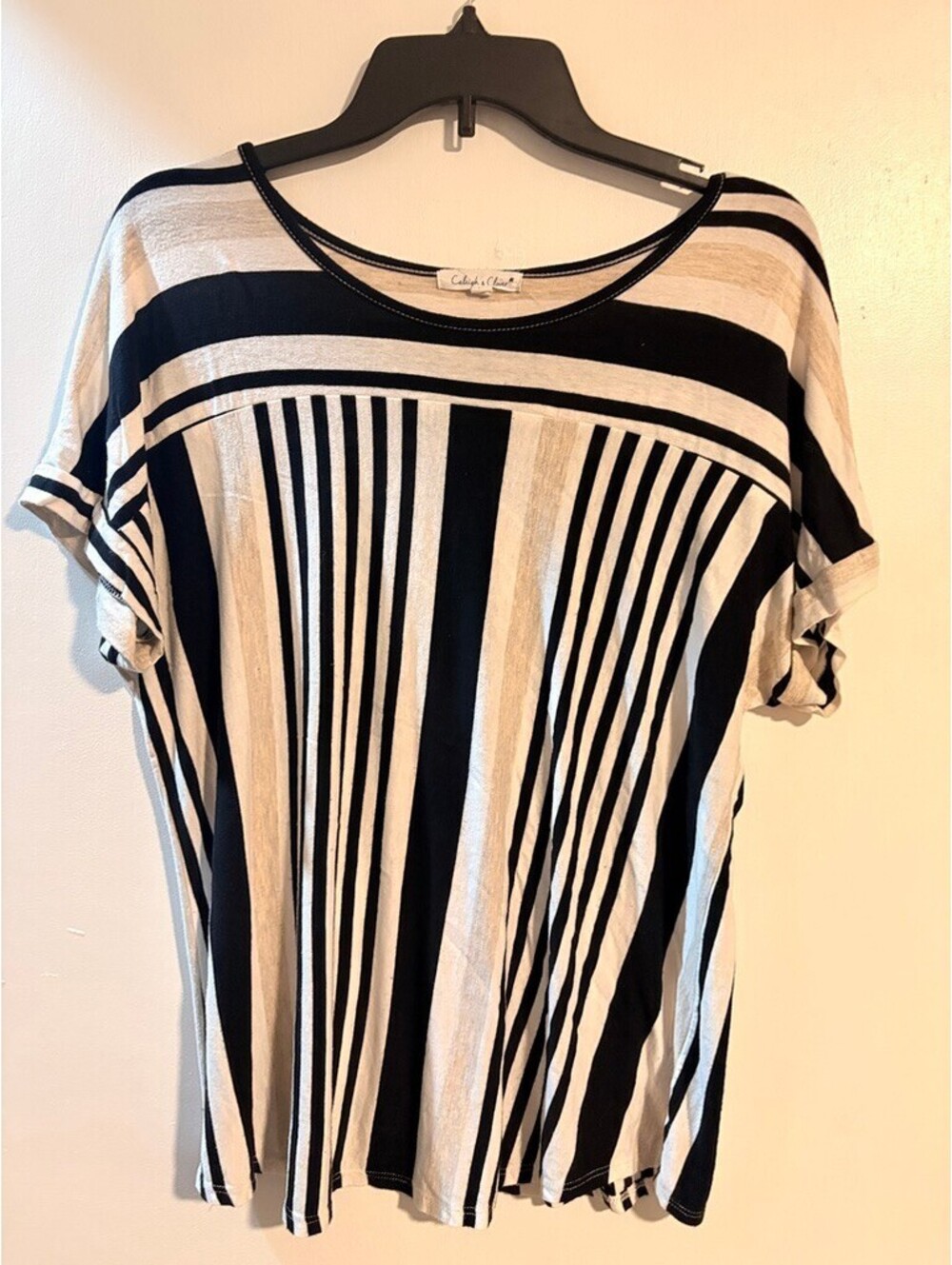 Chic Black & Cream Striped Oversized Top XL